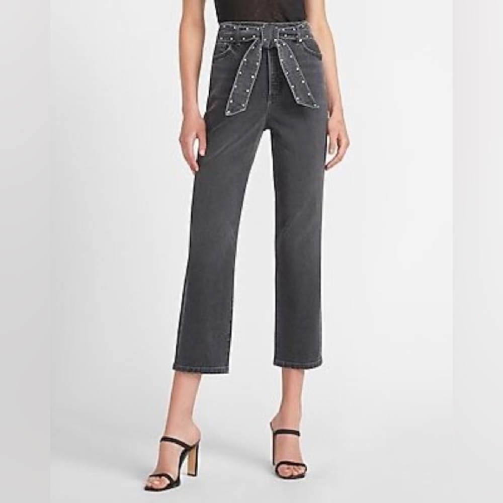 Express Super High Waisted Black Rhinestone Belted Straight Cropped Jeans
